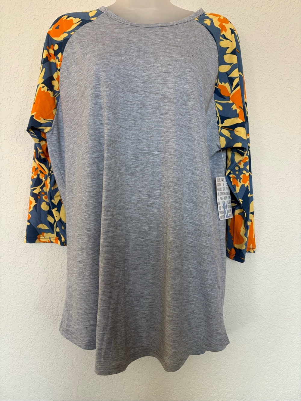 LuLaRoe Heather Gray Tunic with Navy, Yellow and Orange Floral Raglan Sleeves